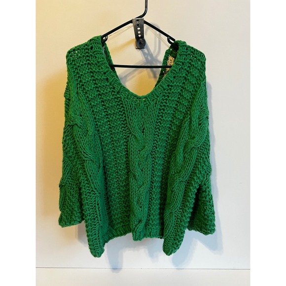 VICI  Cable‎ Knit Sweater Kelly Green Chunky Oversized V Neck Pullover Small - Picture 1 of 8